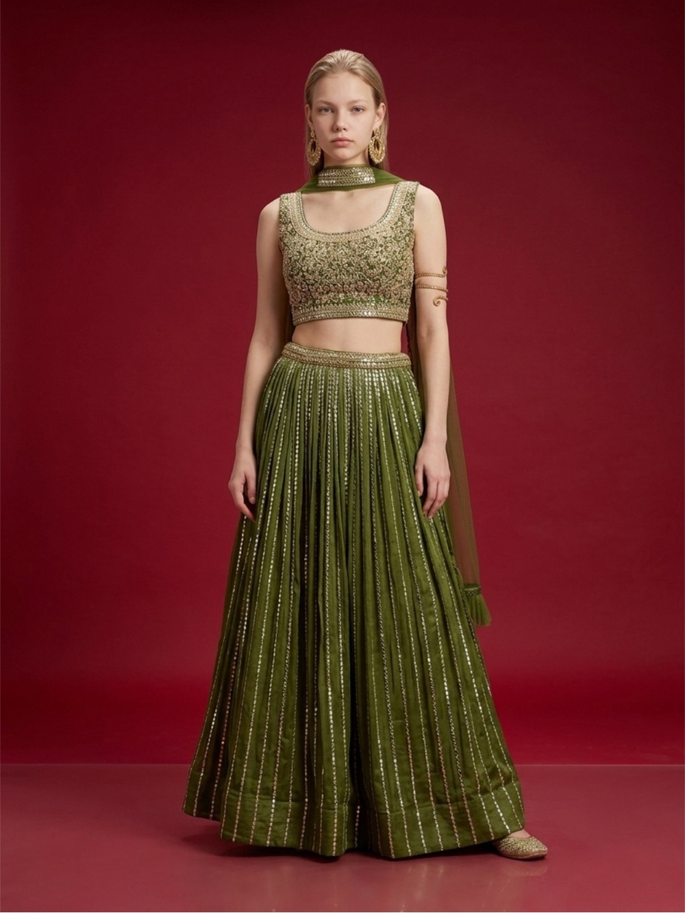 Embroidered Olive Green Lehenga